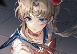 Rule 34 | 1girl, a maru, bad id, bad pixiv id, bishoujo senshi sailor moon, bishoujo senshi sailor moon s, blonde hair, blood, blood on clothes, blood on face, blue eyes, blue sailor collar, breasts, choker, circlet, collarbone, commentary request, crescent, crescent earrings, derivative work, earrings, hair ornament, hair over shoulder, heart, heart choker, jewelry, long hair, meme, parted bangs, red choker, sailor collar, sailor moon, sailor moon redraw challenge (meme), sailor senshi uniform, short sleeves, solo, twintails, upper body