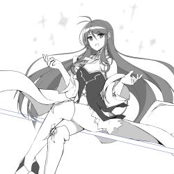 Rule 34 | 1girl, aether sage (elsword), ahoge, aisha landar, breasts, cleavage, cloak, dress, elsword, female focus, greyscale, hair between eyes, highres, long hair, monochrome, shoes, sitting, sitting on object, sketch, smile, solo, sparkle, thighs, veca, very long hair, white background