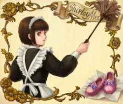 Rule 34 | 1girl, apron, bob cut, brown eyes, brown hair, character name, duster, feather duster, frilled apron, frills, from behind, maid, maid apron, maid headdress, pink footwear, satou toshio (suisuisuisui), shirley (manga), shirley medison, shoes, short hair, solo