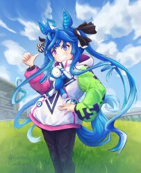 Rule 34 | 1girl, absurdres, ahoge, animal ears, artist name, black bodysuit, black ribbon, blue eyes, blue hair, blue sky, bodysuit, cloud, cloudy sky, commentary, crossed bangs, day, drawstring, english commentary, grass, griffnix, grin, hair ribbon, hand on own hip, heterochromia, highres, hood, hood down, hooded coat, horse ears, horse girl, horse tail, long hair, long sleeves, looking at viewer, mixed-language commentary, multicolored hair, outdoors, pointing, pointing at self, purple eyes, ribbon, sharp teeth, sidelocks, sky, smile, solo, standing, star (symbol), star print, stuffed animal, stuffed rabbit, stuffed toy, tail, teeth, twin turbo (umamusume), twintails, twitter username, two-tone hair, umamusume, very long hair