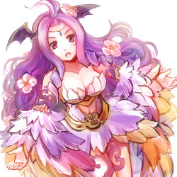 Rule 34 | 1girl, arm tattoo, black wings, breasts, cleavage, commentary request, demon wings, detached sleeves, dress, feet out of frame, flower, hair flower, hair ornament, head wings, jewelry, leg tattoo, long hair, looking at viewer, manoji, medium breasts, nidhoggr (ragnarok online), open mouth, parted bangs, pink flower, purple dress, purple eyes, purple hair, purple sleeves, ragnarok online, simple background, solo, strapless, strapless dress, tattoo, very long hair, white background, wings