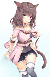 Rule 34 | 1girl, :d, animal ears, bad id, bad pixiv id, bag, black shorts, blue background, blue eyes, blush, breasts, brown hair, cat ears, cat girl, cat tail, commentary request, dress, facial mark, final fantasy, final fantasy xiv, gradient background, grey thighhighs, hair between eyes, heterochromia, highres, holding strap, kanora, long hair, medium breasts, miqo&#039;te, open mouth, pink dress, purple eyes, short shorts, short sleeves, shorts, shoulder bag, smile, solo, tail, thighhighs, whisker markings, white background, wrist cuffs