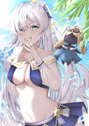 Rule 34 | 1girl, absurdres, anastasia (fate), anastasia (swimsuit archer) (fate), anastasia (swimsuit archer) (third ascension) (fate), bare shoulders, beach, bikini, blue bikini, blue eyes, blue skirt, blue sky, blush, bow, breasts, cleavage, collarbone, doll, fate/grand order, fate (series), funa (funafuna 001), grin, hair bow, hair over one eye, hairband, highres, ice, jewelry, large breasts, long hair, long sleeves, looking at viewer, miniskirt, necklace, ponytail, puffy long sleeves, puffy sleeves, silver hair, skirt, sky, smile, swimsuit, very long hair, viy (fate)