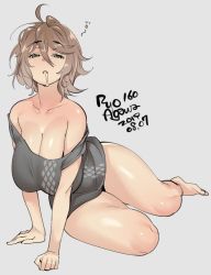 Rule 34 | 1girl, 2019, agawa ryou, ahoge, bare shoulders, barefoot, breasts, brown hair, cleavage, commentary, dated, drooling, english commentary, grey background, grey shirt, hair between eyes, half-closed eyes, huge breasts, messy hair, off shoulder, original, shirt, short hair, signature, simple background, sitting, sleepy, solo, t-shirt, thick thighs, thighs, waking up