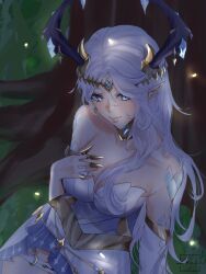 Rule 34 | 1girl, artist name, bare shoulders, blue eyes, blue eyeshadow, breasts, cleavage, commentary, commission, detached sleeves, dress, english commentary, eyeshadow, grass, grey hair, hair behind ear, hand on own chest, highres, horns, indie virtual youtuber, large breasts, long hair, long pointy ears, loren, makeup, medium breasts, mole, mole under eye, pointy ears, scales, shadow, smile, solo, thigh strap, tree, valentina chisei, virtual youtuber, watermark, white dress