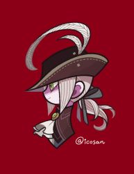 Rule 34 | 1girl, ascot, black hat, bloodborne, green eyes, grey hair, hat, hat feather, highres, iccoco, jpeg artifacts, lady maria of the astral clocktower, ponytail, profile, red background, simple background, smile, solo, the old hunters, twitter username
