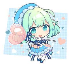 Rule 34 | 1girl, :d, ahoge, back bow, blue eyes, blush, boots, bow, candy, chibi, dress, food, fur trim, gem, gloves, green hair, grid background, hair bobbles, hair intakes, hair ornament, hat, heart, heart-shaped lollipop, holding, holding candy, holding food, holding lollipop, koguma105, lollipop, looking at viewer, open mouth, original, oversized food, oversized object, pantyhose, pearl (gemstone), petticoat, polka dot, ribbon, shaped lollipop, short hair, smile, solo