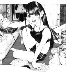 Rule 34 | 1girl, absurdres, bare legs, barefoot, black hair, black shorts, black sports bra, blunt bangs, blush, couch, curtains, gagaimo, greyscale, hand up, highres, long hair, midriff, monochrome, open mouth, original, shorts, sitting, smile, solo, sports bra, traditional media
