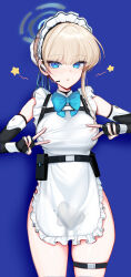 Rule 34 | 1girl, :o, absurdres, apron, aqua bow, aqua bowtie, blonde hair, blue archive, blue background, blue eyes, bluemayo, blush, bow, bowtie, breasts, bun cover, chest harness, covered erect nipples, cowboy shot, double v, elbow gloves, fingerless gloves, frilled apron, frills, gloves, halo, harness, headset, highres, large breasts, looking at viewer, maid headdress, no panties, pussy juice stain, revision, simple background, solo, stain, star (symbol), thigh strap, toki (blue archive), v, white apron