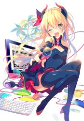 Rule 34 | 1girl, :3, ;d, black dress, black footwear, black thighhighs, blonde hair, blush, boots, bow, cable, cape, cd, coffee cup, cup, demon horns, disposable cup, dress, fang, hair ornament, hair ribbon, headphones, high heel boots, high heels, horns, keyboard, keyboard (computer), long hair, looking at viewer, maou haishinchuu!?, microphone, monitor, mouse (animal), mousepad, mousepad (object), one eye closed, open mouth, plant, reia, ribbon, simple background, smile, solo, star-shaped pupils, star (symbol), symbol-shaped pupils, thigh boots, thighhighs, two side up, white background, yellow eyes