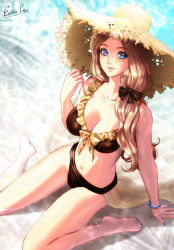 Rule 34 | 1girl, beach, bikini, blonde hair, blue eyes, bracelet, breasts, brown bikini, cleavage, collarbone, esther shen, fire emblem, fire emblem: three houses, fire emblem heroes, hat, jewelry, large breasts, long hair, mercedes von martritz, nail polish, navel, nintendo, official alternate costume, paid reward available, partially submerged, signature, solo, sun hat, swimsuit