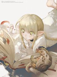 Rule 34 | 1boy, 2girls, absurdres, aged down, artist name, black choker, blonde hair, book, bookmark, braid, chelsea (qing3567), child, choker, crying, crying with eyes open, dog, dress, dungeon meshi, elf, english text, falin touden, falin touden (chimera), from above, green eyes, highres, holding, holding book, laios touden, long hair, lying, marcille donato, mini person, miniboy, minigirl, monster, multiple braids, multiple girls, on stomach, open mouth, pointy ears, reading, size difference, solo focus, tears, white background, white dress
