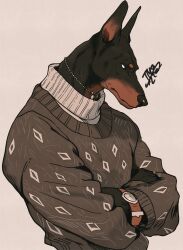 Rule 34 | 1boy, absurdres, animal ears, artist name, black eyes, black fur, body fur, brown background, brown fur, brown sweater, closed mouth, crossed arms, diamond print, doberman, dog boy, dog ears, dog tags, furry, furry male, highres, jewelry, long sleeves, looking to the side, male focus, necklace, original, sanpaku, short eyebrows, signature, simple background, solo, sweater, tomochiso, turtleneck, turtleneck sweater, upper body, watch, wristwatch