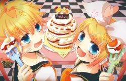 Rule 34 | 1boy, 1girl, bass clef, black collar, blonde hair, blouse, blue eyes, bow, cake, checkered floor, collar, commentary, food, fork, from above, from behind, hair bow, hair ornament, hairclip, headphones, headset, heart, highres, holding, holding fork, kagamine len, kagamine rin, kanami (knmstar), layer cake, looking at viewer, looking back, neckerchief, necktie, sailor collar, school uniform, shirt, short hair, short ponytail, sparkle, spiked hair, swept bangs, table, treble clef, upper body, vocaloid, white bow, white shirt, yellow neckerchief