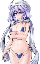 Rule 34 | 1girl, adapted costume, bikini, blush, breast hold, breasts, cleavage, cowboy shot, hat, highleg, highleg bikini, highres, large breasts, letty whiterock, light purple hair, looking at viewer, micro bikini, mob cap, navel, nose blush, one-hour drawing challenge, purple eyes, scarf, short hair, side-tie bikini bottom, solo, stomach, swimsuit, thigh gap, touhou, underboob, white background, white scarf, y2