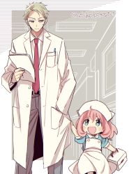 Rule 34 | 1boy, 1girl, anya (spy x family), blonde hair, blue eyes, child, closed mouth, doctor, father and daughter, first aid kit, hand in pocket, hat, katagiri atsuko, lab coat, necktie, nurse, nurse cap, paper, pink hair, short hair, spy x family, twilight (spy x family), twitter username