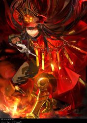 Rule 34 | 1girl, black hair, black pants, cape, crest, evil smile, family crest, fate/grand order, fate/type redline, fate (series), fire, full body, gloves, gold footwear, hat, highres, holding, holding sword, holding weapon, katana, koha-ace, long hair, long sleeves, looking at viewer, military hat, oda nobunaga (fate), oda nobunaga (koha-ace), oda uri, pants, peaked cap, red cape, red eyes, smile, solo, sword, tansiki, teeth, weapon, white gloves