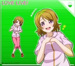 Rule 34 | 1girl, :d, blush, brown hair, character name, closed mouth, collarbone, copyright name, green background, hood, hood down, hooded jacket, jacket, koizumi hanayo, looking at viewer, love live!, love live! school idol project, open mouth, pants, pink jacket, pink pants, purple eyes, short hair, short sleeves, smile, solo, straight hair, striped background, twitter username, upper body, yumechiku