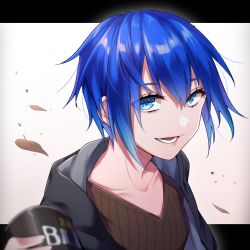 Rule 34 | :d, androgynous, black jacket, blue eyes, blue hair, brown shirt, can, canned coffee, drink can, gender request, hood, hood down, ikurikaito, jacket, leaf, letterboxed, looking at viewer, open mouth, original, shirt, short hair, smile, upper body, white background