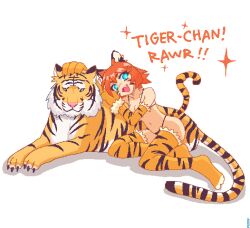 Rule 34 | 1girl, animal ears, blue eyes, blush, breasts, cleavage, collarbone, english text, fang, hcnone, large breasts, looking at viewer, open mouth, orange hair, original, pixel art, short hair, simple background, smile, solo, tail, tiger, tiger-chan (hcnone), tiger ears, tiger girl, tiger tail, white background