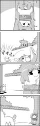 Rule 34 | 4koma, blunt bangs, bound, cat, comic, commentary request, emphasis lines, flower, greyscale, hair flower, hair ornament, hieda no akyuu, highres, looking at another, looking back, monochrome, rope, running, scared, short hair, smile, sweat, nervous sweating, tani takeshi, tied up (nonsexual), touhou, translation request, tree, upside-down, wall, yukkuri shiteitte ne