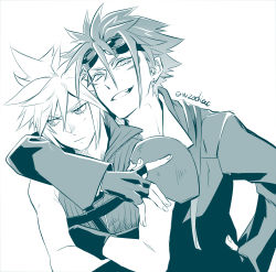 Rule 34 | 2boys, arm around neck, armor, blush, chest strap, cloud strife, crossed arms, earrings, facial mark, final fantasy, final fantasy vii, final fantasy vii advent children, fingerless gloves, gloves, goggles, goggles on head, greyscale, grin, hair between eyes, hand on own hip, high collar, highres, jacket, jewelry, long sleeves, looking at viewer, looking to the side, male focus, monochrome, multiple boys, open collar, parted bangs, reno (ff7), rukashio, shirt, short hair, shoulder armor, single earring, sleeveless, sleeveless shirt, smile, spiked hair, square enix, suit jacket, teeth, upper body, white background