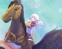 Rule 34 | 1girl, alternate costume, belt, boots, cloud, feathered wings, fire emblem, fire emblem: three houses, gloves, highres, long hair, lysithea von ordelia, nintendo, open mouth, pegasus, purple eyes, riou (pooh920), sky, solo, teeth, thighhighs, white hair, wings