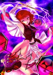 Rule 34 | 1girl, arm up, armpits, bad id, bad pixiv id, boots, chamaruk, cross-laced footwear, drum, drumsticks, highres, horikawa raiko, instrument, jacket, lace-up boots, leg up, lightning, mitsudomoe (shape), necktie, open mouth, purple necktie, red eyes, red hair, short hair, skirt, smile, solo, suit jacket, tomoe (symbol), touhou, vest