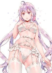 Rule 34 | 10s, 1girl, ahoge, bad id, bad twitter id, bra, breasts, cameltoe, contrapposto, dsmile, from below, garter belt, garter straps, hand on own chest, long hair, low twintails, navel, open mouth, panties, purple eyes, purple hair, senki zesshou symphogear, simple background, solo, standing, thighhighs, twintails, underwear, underwear only, very long hair, white bra, white panties, yukine chris