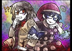 Rule 34 | !?, 2girls, :3, arm grab, black border, blob, blue eyes, blue hair, blush stickers, book, border, bow, bowtie, braid, colored skin, covering own mouth, doremy sweet, eyebrows, hair between eyes, hand on own hip, hat, jacket, kishin sagume, locked arms, looking at another, multiple girls, nightcap, pom pom (clothes), red bow, red bowtie, red eyes, silver hair, smile, suenari (peace), touhou, white skin