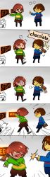 Rule 34 | 5koma, :t, absurdres, afterimage, androgynous, bad id, bad twitter id, blush, bribery, brown hair, candy, chara (undertale), chocolate, chocolate bar, closed eyes, comic, commentary request, creature, english text, food, frisk (undertale), froggit, full-face blush, gameplay mechanics, gender request, gradient background, highres, hno3syo, knife, meiji (brand), motion blur, nervous sweating, shirt, shorts, shousan (hno3syo), spoilers, striped clothes, striped shirt, sweat, turn pale, undertale, wavy mouth