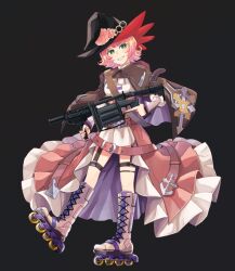 Rule 34 | 1girl, black hat, boots, bow, bowtie, breasts, brown cape, brown skirt, cape, chain, cross-laced footwear, full body, green eyes, grenade launcher, grey background, grey cape, grey footwear, grin, gun, hat, high-waist skirt, holding, holding gun, holding weapon, inline skates, long skirt, long sleeves, looking at viewer, medium bangs, night watch (ragnarok online), pink hair, ragnarok online, roller skates, second-party source, shirt, short hair, simple background, skates, skirt, smile, solo, standing, thigh strap, two-sided cape, two-sided fabric, umaruzo, underbust, weapon, white bow, white bowtie, white shirt, witch hat