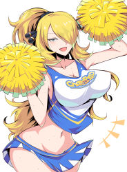 Rule 34 | 1girl, alternate costume, blonde hair, breasts, cheerleader, cleavage, cowboy shot, creatures (company), crop top, cynthia (pokemon), game freak, grey eyes, hair ornament, hair over one eye, hair scrunchie, highres, large breasts, long hair, looking at viewer, midriff, miniskirt, navel, nintendo, open mouth, pleated skirt, pokemon, pokemon dppt, pom pom (cheerleading), ponytail, scrunchie, shimure (460), shirt, sidelocks, simple background, skirt, sleeveless, sleeveless shirt, smile, solo, swept bangs, very long hair, white background