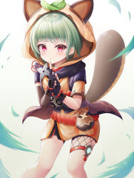 Rule 34 | 1girl, absurdres, animal ears, animal hood, black gloves, blunt bangs, commentary request, fake animal ears, fingerless gloves, genshin impact, gloves, green hair, highres, hood, ichizon, japanese clothes, leaf, leaf on head, long sleeves, looking at viewer, ninja, own hands together, pouch, purple eyes, raccoon ears, raccoon tail, sayu (genshin impact), short hair, sidelocks, simple background, solo, tail, vision (genshin impact), white background