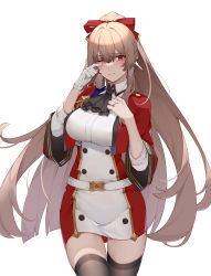 Rule 34 | 1girl, absurdres, azur lane, belt, black thighhighs, blush, bow, breasts, brown hair, commentary request, cowboy shot, gloves, hair between eyes, hair bow, highres, jewelry, large breasts, long hair, one eye closed, ornate ring, red bow, red eyes, ring, single glove, swiftsure (azur lane), tearing up, thigh gap, thighhighs, unworn gloves, very long hair, wedding ring, white belt, white gloves, wsfw