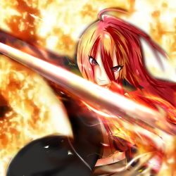 Rule 34 | 1girl, cloak, fire, green skirt, highres, holding, holding sword, holding weapon, long hair, looking at viewer, midriff, navel, red eyes, red hair, shakugan no shana, shana, skirt, smile, solo, sword, weapon