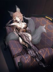 Rule 34 | alternate color, alternate costume, alternate hairstyle, animal ears, black background, black legwear, breast tattoo, breasts, cleavage, collarbone, dark persona, facial tattoo, fate/grand order, fate (series), fox ears, fox tail, full body, highres, hoshi o mite, large breasts, looking at viewer, lying, multiple tails, parted bangs, pink hair, revealing clothes, simple background, solo, tagme, tail, tamamo (fate), tamamo no mae (fate/extra), tattoo, yellow eyes