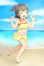 Rule 34 | 1girl, akagi miria, arched soles, armpits, artist request, bare shoulders, barefoot, beach, bikini, bikini skirt, black hair, clenched hands, collarbone, day, eyelashes, feet, female focus, fingernails, flat chest, frilled bikini top, full body, hair bobbles, hair ornament, hands up, happy, highres, idolmaster, idolmaster cinderella girls, laughing, legs, medium hair, midriff, namco, navel, neck, ocean, open mouth, outdoors, running, shiny skin, short twintails, sidelocks, smile, soles, standing, standing on one leg, summer, sunlight, swimsuit, thighs, tiptoes, toenails, toes, twintails, two-tone bikini, water, yellow bikini