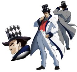 Rule 34 | 1boy, back, black footwear, black hair, bow, bowtie, character sheet, facial hair, formal, front, full body, hand on headwear, hat, jojo no kimyou na bouken, male focus, mustache, pants, phantom blood, profile, red vest, shoes, simple background, solo, suit, top hat, vest, waistcoat, white background, white pants, white suit, will anthonio zeppeli