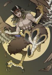 Rule 34 | 1boy, animal feet, animal hands, beads, bird legs, bird wings, brown feathers, brown hair, brown sclera, brown wings, claws, colored sclera, dark-skinned male, dark skin, demon boy, digitigrade, fangs, feathered wings, feathers, flying, full body, gradient background, grey horns, hands up, harpy boy, highres, horns, kimetsu no yaiba, long hair, looking at viewer, male focus, mk mosquito, monster boy, multicolored background, nipples, no shirt, open mouth, pointy ears, solo, talons, tassel, text in eyes, text in mouth, thick eyebrows, toned, toned male, tongue, tongue out, urogi (kimetsu no yaiba), veins, wings, yellow background, yellow eyes