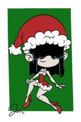Rule 34 | 1girl, black hair, child, christmas, hair over eyes, hat, high heels, highres, lucy loud, red heels, santa costume, santa hat, the loud house, thick thighs, thighs