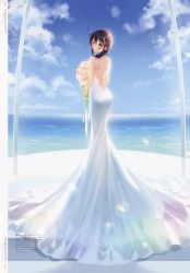 Rule 34 | 1girl, absurdres, ahoge, backless dress, backless outfit, braid, bride, brown hair, day, dress, hair ornament, highres, kantai collection, long hair, naoto (tulip), outdoors, page number, scan, shigure (kancolle), simple background, single braid, solo, wedding dress
