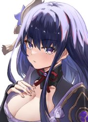 Rule 34 | 1girl, blush, breasts, bridal gauntlets, cleavage, closed mouth, flower, genshin impact, hair ornament, highres, horn/wood, japanese clothes, kimono, large breasts, looking at viewer, mole, mole under eye, obi, obiage, obijime, purple eyes, purple flower, purple hair, purple kimono, raiden shogun, sash, simple background, solo, tassel
