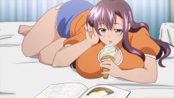 Rule 34 | 1girl, amaya haruko, animated, bed, bedroom, blue eyes, breasts, cleavage, clothes, food, huge breasts, ice cream, indoors, large breasts, legs, licking, long hair, lying, magazine (object), maken-ki!, maken-ki! two, on side, on stomach, purple hair, solo, tagme, takami akio, video