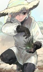 Rule 34 | 1boy, black eyes, black gloves, boots, dungeon meshi, elf, full body, gapamopa, gloves, grey hair, hair over one eye, hat, highres, kneeling, long sleeves, male focus, medium hair, mithrun, pointy ears, rubber boots, rubber gloves, solo, straw hat, sweat, towel, towel around neck