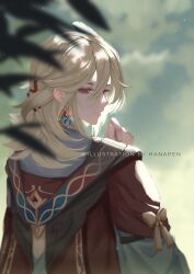Rule 34 | 1boy, blonde hair, closed mouth, earrings, facing to the side, feather hair ornament, feathers, genshin impact, hair ornament, hanapen, highres, jacket, jewelry, kaveh (genshin impact), leaf, long sleeves, looking at viewer, looking back, male focus, medium hair, red eyes, red jacket, solo