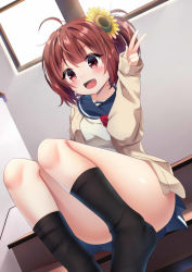 Rule 34 | 1girl, :d, ahoge, black socks, blue sailor collar, blue skirt, blush, bow, bowtie, brown cardigan, brown eyes, brown hair, cardigan, collarbone, commentary request, day, dutch angle, flower, hair flower, hair ornament, hand up, hinata aoi, ikazu401, kneehighs, knees up, long sleeves, no shoes, one side up, open cardigan, open clothes, open mouth, ore wo suki nano wa omae dake ka yo, pleated skirt, red bow, red bowtie, sailor collar, school uniform, serafuku, shiny skin, shirt, sitting, skirt, sleeves past wrists, smile, socks, solo, stairs, sunflower, sunflower hair ornament, sunlight, teeth, thighs, upper teeth only, v, w, white shirt, window, yellow flower