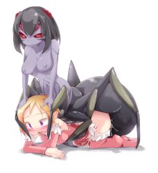 Rule 34 | 2girls, all fours, arachne, arthropod girl, bad id, bad pixiv id, black hair, blonde hair, blush, bob cut, bottomless, breasts, bug, clothed female nude female, colored skin, cum, cum in pussy, disgaea, doggystyle, elf, extra eyes, frfr, implied futanari, impregnation, insect girl, large breasts, magic knight (disgaea), monster girl, multiple girls, navel, nipples, nippon ichi, nude, open mouth, original, pointy ears, purple eyes, purple skin, red eyes, restrained, scared, sex, sex from behind, short hair, simple background, spider, spider girl, sweat, taur, topless, white background