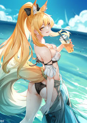 Rule 34 | 1girl, :q, absurdres, alternate costume, animal ear fluff, animal ears, arknights, ass, bare shoulders, bikini, black bikini, black bow, blemishine (arknights), blonde hair, blue sky, bow, breasts, bubble tea, cleavage, closed mouth, cup, d. joko, day, detached sleeves, disposable cup, feet out of frame, from behind, hair bow, highres, holding, holding cup, horizon, horse ears, horse girl, horse tail, large breasts, lipstick, long hair, looking at viewer, looking back, makeup, mismatched bikini, ocean, outdoors, ponytail, sarong, short sleeves, sidelocks, signature, sky, smile, solo, standing, strapless, strapless bikini, swimsuit, tail, tongue, tongue out, very long hair, water, white bikini