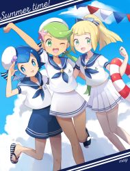 Rule 34 | 3girls, alternate costume, anchor symbol, arm around back, arm up, artist name, bad id, bad pixiv id, beret, blonde hair, blue bow, blue eyes, blue footwear, blue hair, blue neckerchief, blue sailor collar, blue shorts, blue sky, blush, bow, breasts, chestnut mouth, closed mouth, cloud, collarbone, creatures (company), dark-skinned female, dark skin, day, dutch angle, english text, female focus, flat chest, game freak, gem, green eyes, green hair, hair bow, hair ornament, hair tie, hand up, happy, hat, highres, jumping, lana (pokemon), leg up, lifebuoy, light blush, lillie (pokemon), long hair, looking at viewer, mallow (pokemon), matching hair/eyes, mei (maysroom), midriff, midriff peek, miniskirt, multiple girls, neckerchief, nintendo, one eye closed, open mouth, outdoors, pearl (gemstone), pleated skirt, poke ball symbol, poke ball theme, pokemon, pokemon sm, ponytail, sailor collar, sailor shirt, salute, sandals, school uniform, seashell, serafuku, shell, shirt, shoes, short hair, short sleeves, shorts, signature, skirt, sky, small breasts, smile, standing, standing on one leg, starfish, striped clothes, striped footwear, swept bangs, swim ring, teeth, tilted headwear, tongue, tongue out, trial captain, twintails, white headwear, white shirt, white skirt, wink